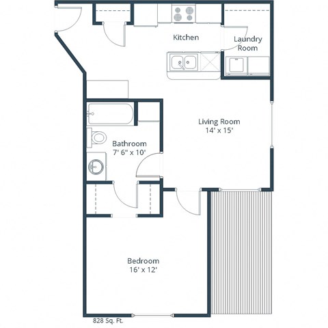 Floor plan for 1 bed, 1 bath, 756 sqft