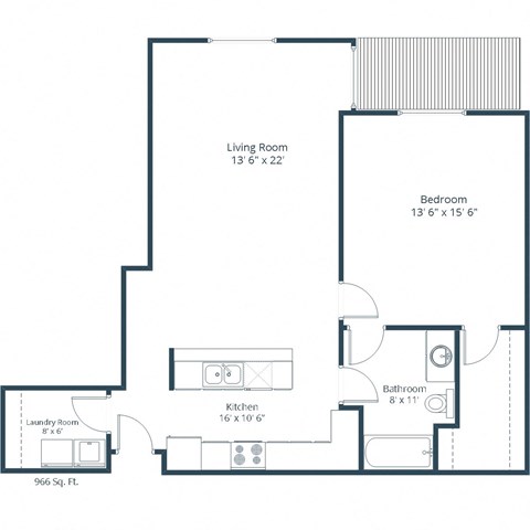 Floor plan for 1 bed, 1 bath, 966 sqft