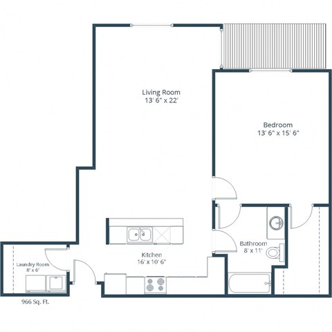 Floor plan for 1 bed, 1 bath, 966 sqft