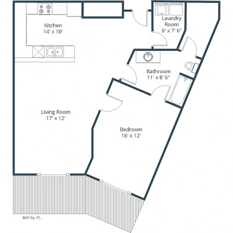 Floor plan for 1 bed, 1 bath, 869 sqft