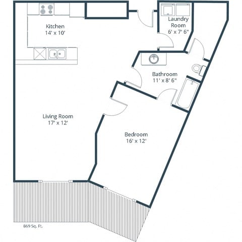Floor plan for 1 bed, 1 bath, 869 sqft