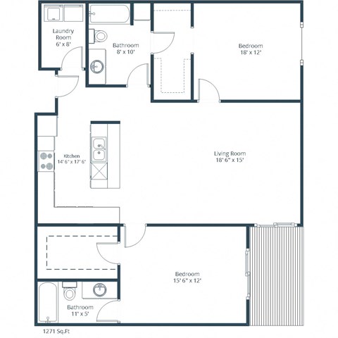 Floor plan for 2 beds, 2 baths, 1271 sqft