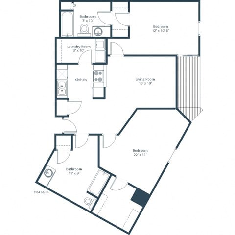 Floor plan for 2 beds, 2 baths, 1354 sqft