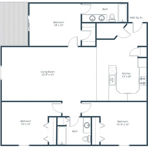 Floor plan for 3 beds, 2 baths, 1465 sqft