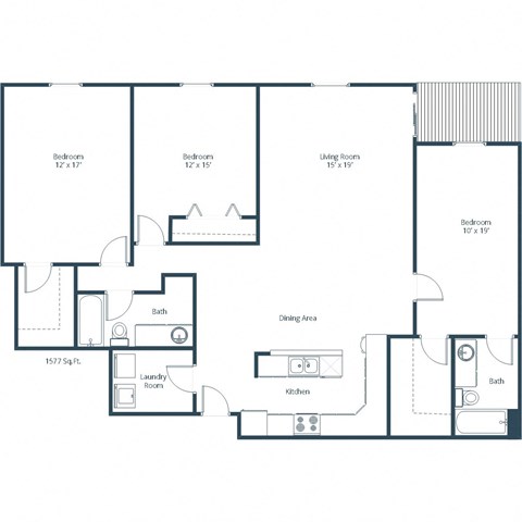Floor plan for 3 beds, 2 baths, 1577 sqft