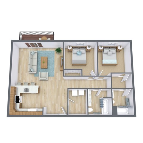 Floor plan for 2 beds, 2 baths, 1000 sqft