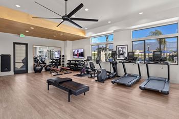 A gym with a lot of exercise equipment and windows