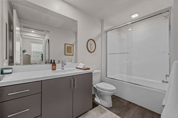 A bathroom with a shower and a sink and a toilet