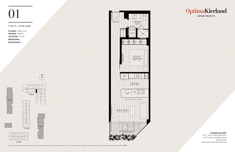 Floor plan for studio, 1 bath, 628 sqft