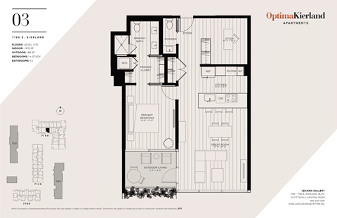 Floor plan for 1 bed, 1.5 baths, 978 sqft