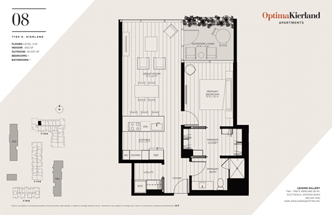 Floor plan for 1 bed, 1 bath, 802 sqft