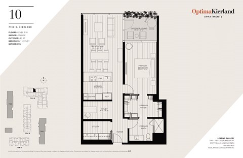 Floor plan for 1 bed, 1 bath, 1005 sqft