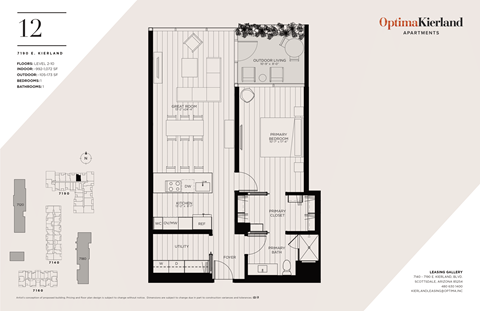 Floor plan for 1 bed, 1 bath, 1072 sqft