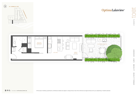 Floor plan for 1 bed, 1 bath, 668 sqft