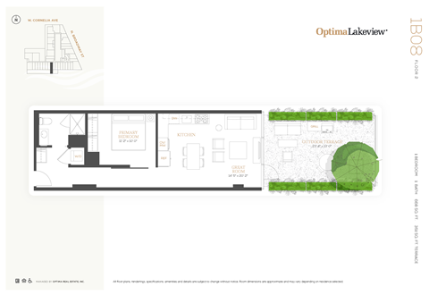 Floor plan for 1 bed, 1 bath, 668 sqft