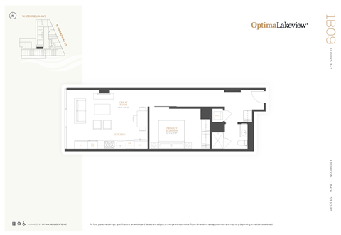 Floor plan for 1 bed, 1 bath, 721 sqft