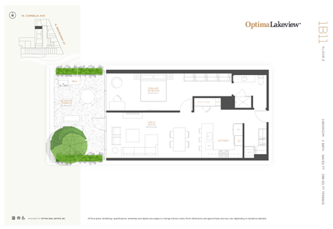 Floor plan for 1 bed, 1 bath, 941 sqft