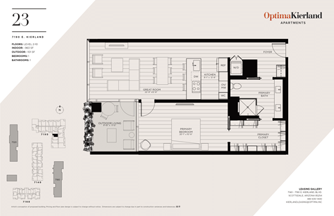 Floor plan for 1 bed, 1 bath, 963 sqft