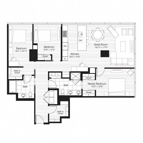 Floor plan for 3 beds, 2 baths, 1613 sqft
