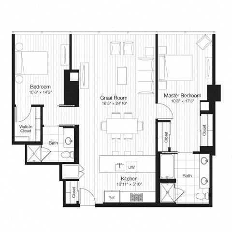 Floor plan for 2 beds, 2 baths, 1249 sqft