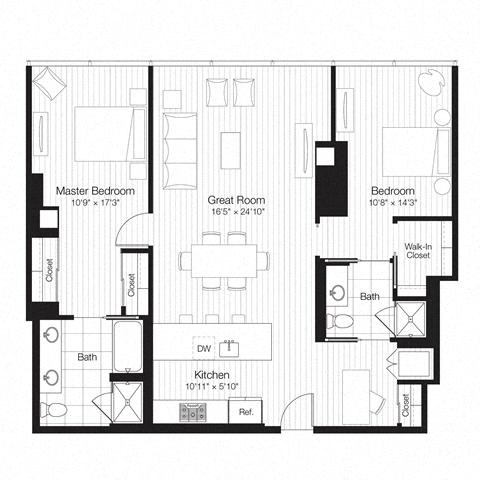 Floor plan for 2 beds, 2 baths, 1318 sqft