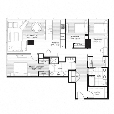 Floor plan for 3 beds, 2 baths, 1626 sqft