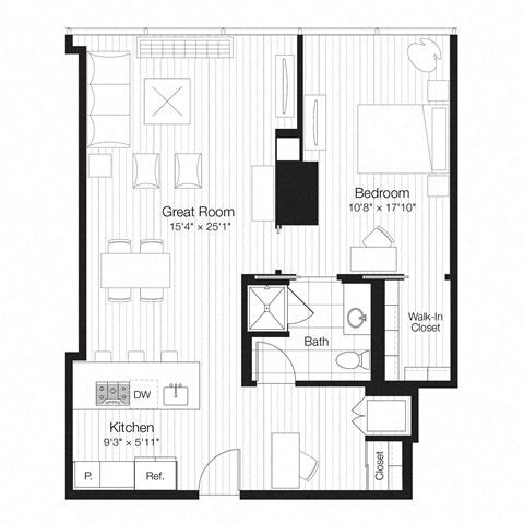 Floor plan for 1 bed, 1 bath, 923 sqft