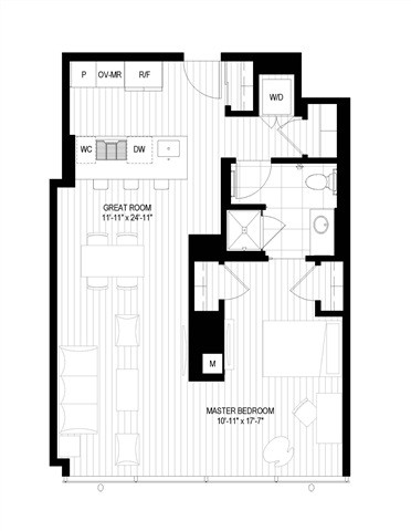 Floor plan for 1 bed, 1 bath, 747 sqft