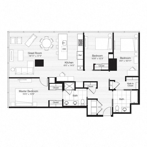 Floor plan for 3 beds, 2 baths, 1511 sqft