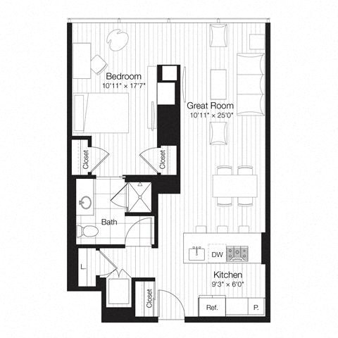Floor plan for 1 bed, 1 bath, 747 sqft