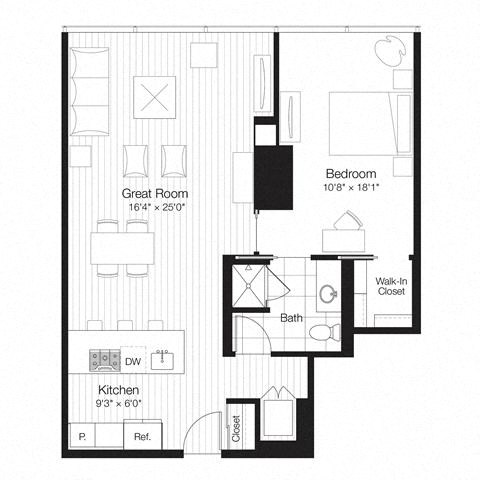 Floor plan for 1 bed, 1 bath, 881 sqft