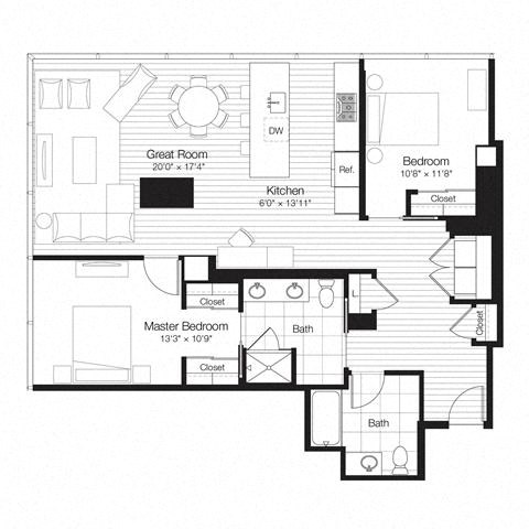 Floor plan for 2 beds, 2 baths, 1250 sqft