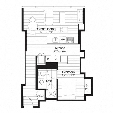 Floor plan for studio, 1 bath, 597 sqft