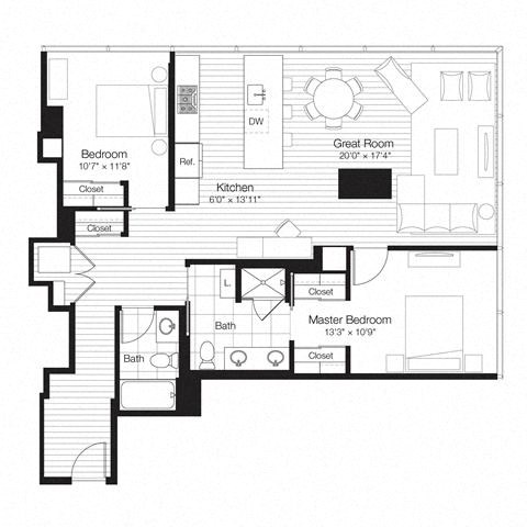 Floor plan for 2 beds, 2 baths, 1245 sqft