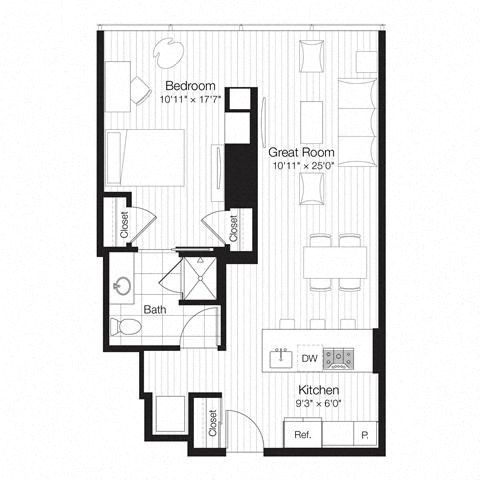Floor plan for 1 bed, 1 bath, 734 sqft