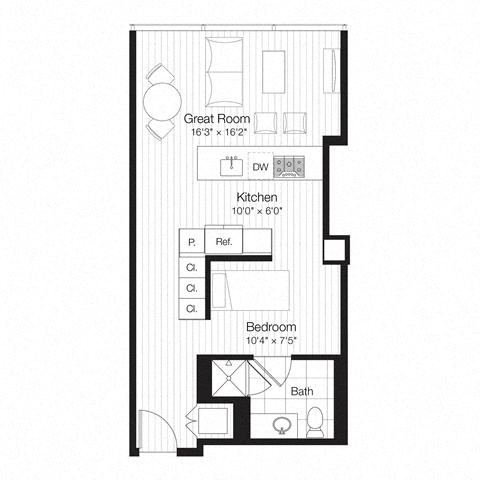 Floor plan for studio, 1 bath, 571 sqft