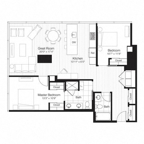 Floor plan for 2 beds, 2 baths, 1230 sqft