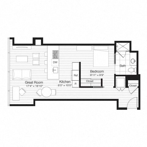 Floor plan for studio, 1 bath, 730 sqft