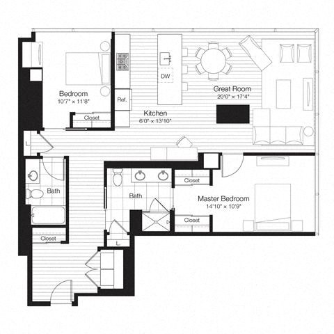 Floor plan for 2 beds, 2 baths, 1316 sqft