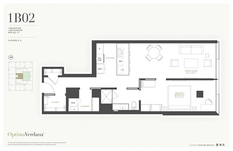 Floor plan for 1 bed, 1 bath, 898 sqft