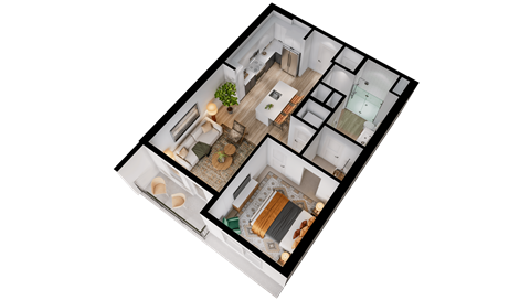 Floor plan for 1 bed, 1 bath, 736 sqft