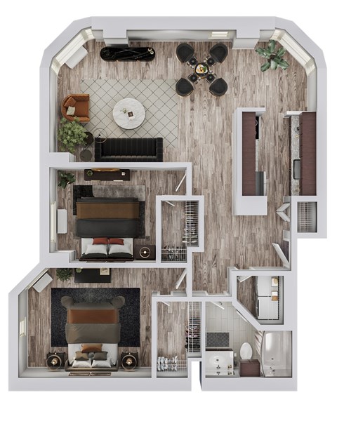 Floor plan for 2 beds, 1 bath, 914 sqft