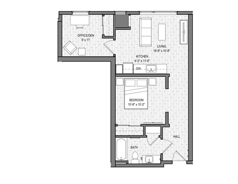 Floor plan for 1 bed, 1 bath, 651 sqft