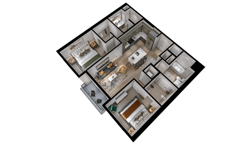 Floor plan for 2 beds, 2 baths, 1121 sqft