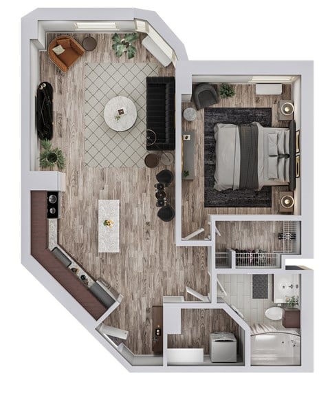 Floor plan for 1 bed, 1 bath, 761 sqft