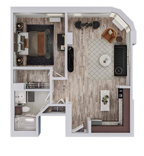 Floor plan for 1 bed, 1 bath, 680 sqft