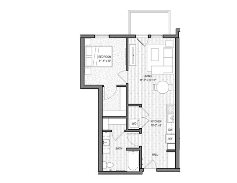 Floor plan for 1 bed, 1 bath, 673 sqft