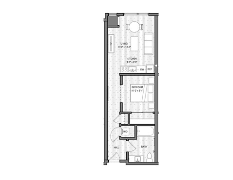 Floor plan for 1 bed, 1 bath, 579 sqft