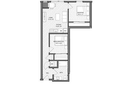Floor plan for 2 beds, 1 bath, 735 sqft