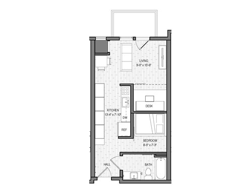 Floor plan for 1 bed, 1 bath, 537 sqft